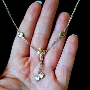 Sterling Silver & 12kt Black Hills Gold Rose Heart Y Dangle Pendant Necklace